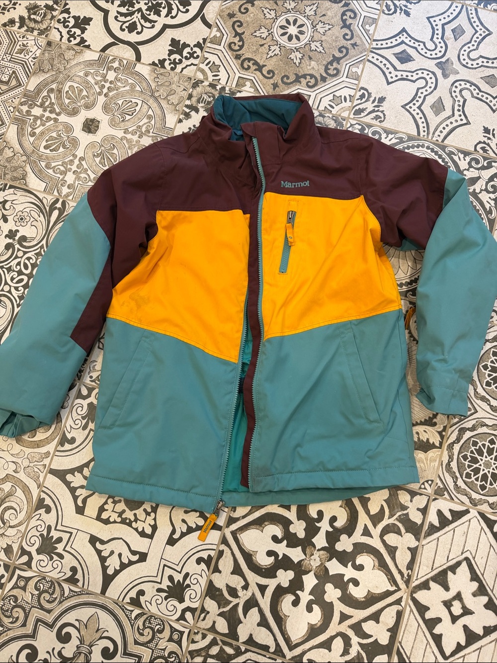 Marmot Kids Colorblock Puffer Jacket in Teal, Yellow & Burgundy